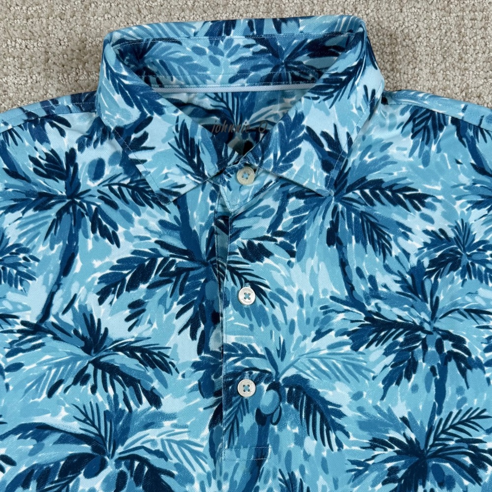 johnnie-O Mens Small Blue Palm Tree Floral Print Performance Golf Polo Shirt